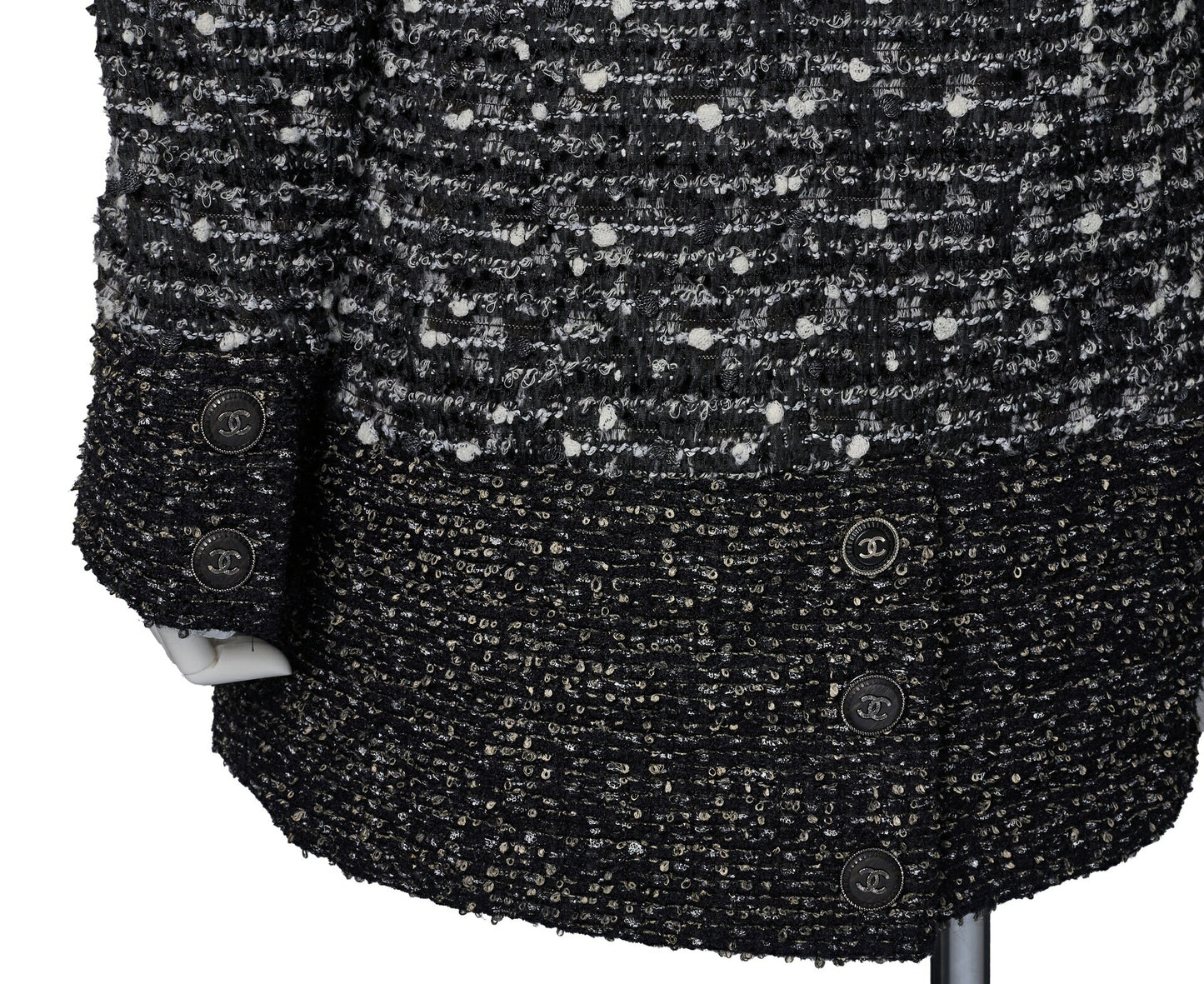 CHANEL Coat Jacket, Coco Mark Button, Tweed, Nylon Silk, Black, Gold-Tone Hardware, Pre-Owned - Vintage La Charme