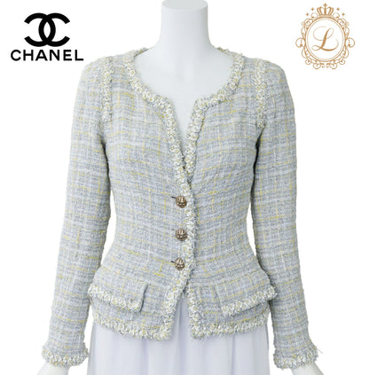 CHANEL Jacket, Tweed, No Collar, Cotton Blend, Blue, Silver-Tone Hardware, Pre-Owned - Vintage La Charme
