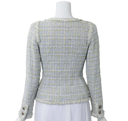 CHANEL Jacket, Tweed, No Collar, Cotton Blend, Blue, Silver-Tone Hardware, Pre-Owned - Vintage La Charme