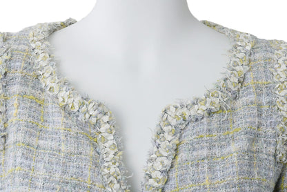 CHANEL Jacket, Tweed, No Collar, Cotton Blend, Blue, Silver-Tone Hardware, Pre-Owned - Vintage La Charme