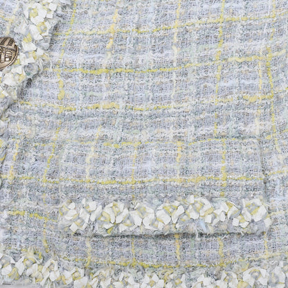 CHANEL Jacket, Tweed, No Collar, Cotton Blend, Blue, Silver-Tone Hardware, Pre-Owned - Vintage La Charme