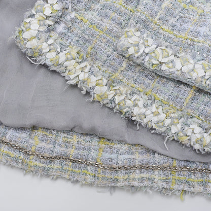 CHANEL Jacket, Tweed, No Collar, Cotton Blend, Blue, Silver-Tone Hardware, Pre-Owned - Vintage La Charme