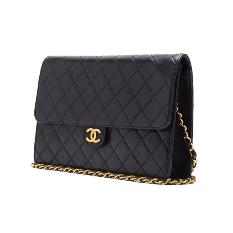 CHANEL Shoulder Bag, Matelasse Push Lock Chain Shoulder, Lambskin, Black, Gold-Tone Hardware, Pre-Owned - Vintage La Charme