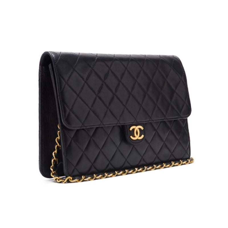 CHANEL Shoulder Bag, Matelasse Push Lock Chain Shoulder, Lambskin, Black, Gold-Tone Hardware, Pre-Owned - Vintage La Charme