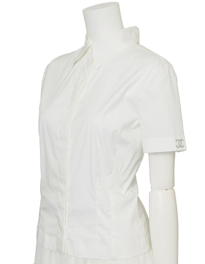 CHANEL Short Sleeve Shirt Blouse T-Shirt, Coco Mark, Cotton Blend, White, Silver-Tone Hardware, Pre-Owned - Vintage La Charme