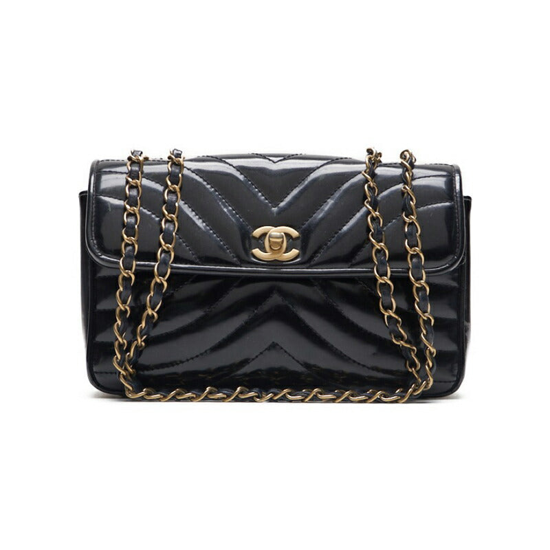 CHANEL Shoulder Bag, V-Stitch, Turn Lock, Enamel, Black, Gold-Tone Hardware, Pre-Owned - Vintage La Charme