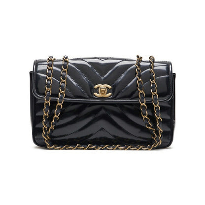 CHANEL Shoulder Bag, V-Stitch, Turn Lock, Enamel, Black, Gold-Tone Hardware, Pre-Owned - Vintage La Charme