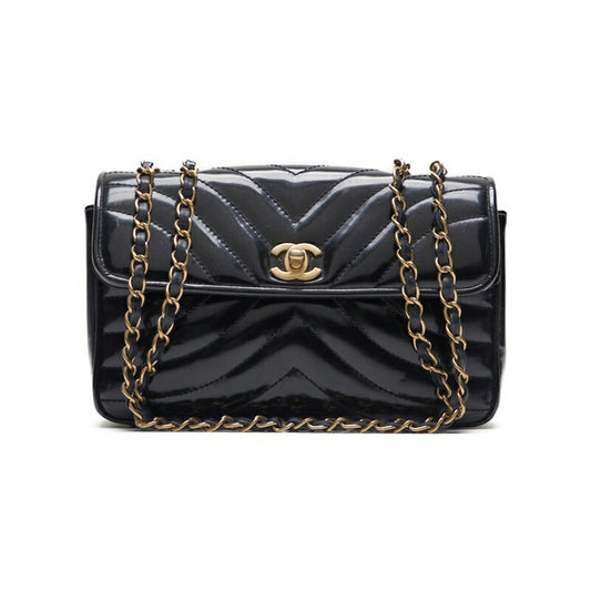 CHANEL Shoulder Bag, V-Stitch, Turn Lock, Enamel, Black, Gold-Tone Hardware, Pre-Owned - Vintage La Charme