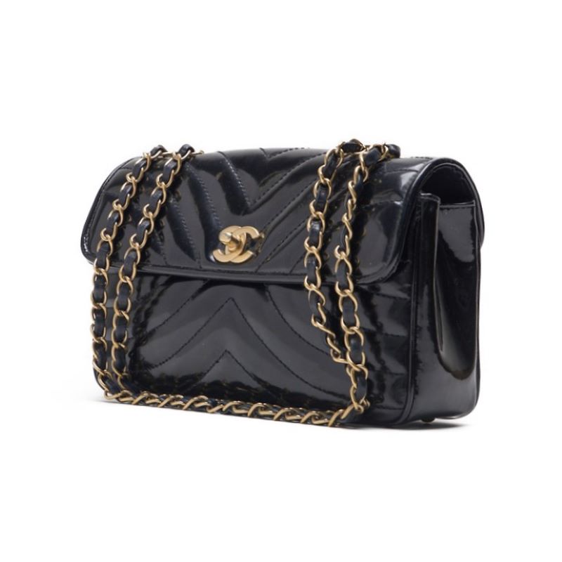 CHANEL Shoulder Bag, V-Stitch, Turn Lock, Enamel, Black, Gold-Tone Hardware, Pre-Owned - Vintage La Charme