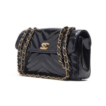 CHANEL Shoulder Bag, V-Stitch, Turn Lock, Enamel, Black, Gold-Tone Hardware, Pre-Owned - Vintage La Charme