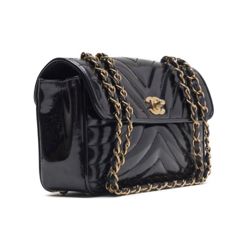 CHANEL Shoulder Bag, V-Stitch, Turn Lock, Enamel, Black, Gold-Tone Hardware, Pre-Owned - Vintage La Charme