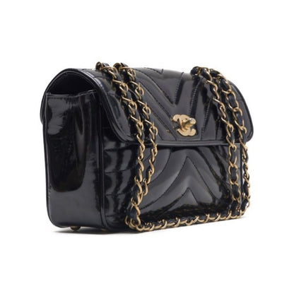 CHANEL Shoulder Bag, V-Stitch, Turn Lock, Enamel, Black, Gold-Tone Hardware, Pre-Owned - Vintage La Charme