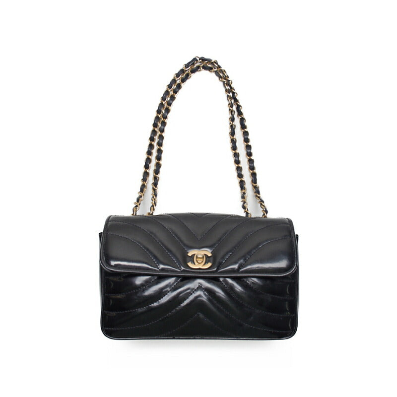 CHANEL Shoulder Bag, V-Stitch, Turn Lock, Enamel, Black, Gold-Tone Hardware, Pre-Owned - Vintage La Charme