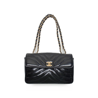 CHANEL Shoulder Bag, V-Stitch, Turn Lock, Enamel, Black, Gold-Tone Hardware, Pre-Owned - Vintage La Charme