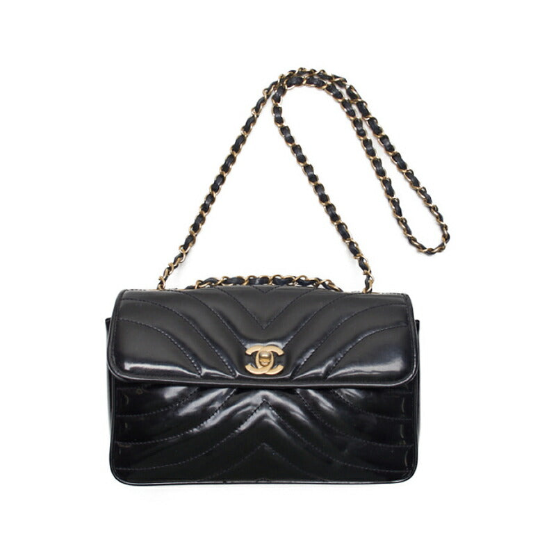CHANEL Shoulder Bag, V-Stitch, Turn Lock, Enamel, Black, Gold-Tone Hardware, Pre-Owned - Vintage La Charme