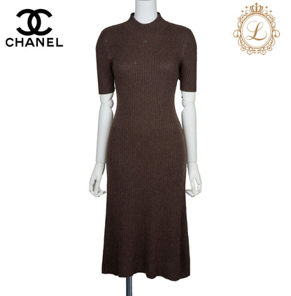 CHANEL Dress, Knit, Cashmere Rayon Nylon Blend, Brown, Gold-Tone Hardware, Pre-Owned - Vintage La Charme