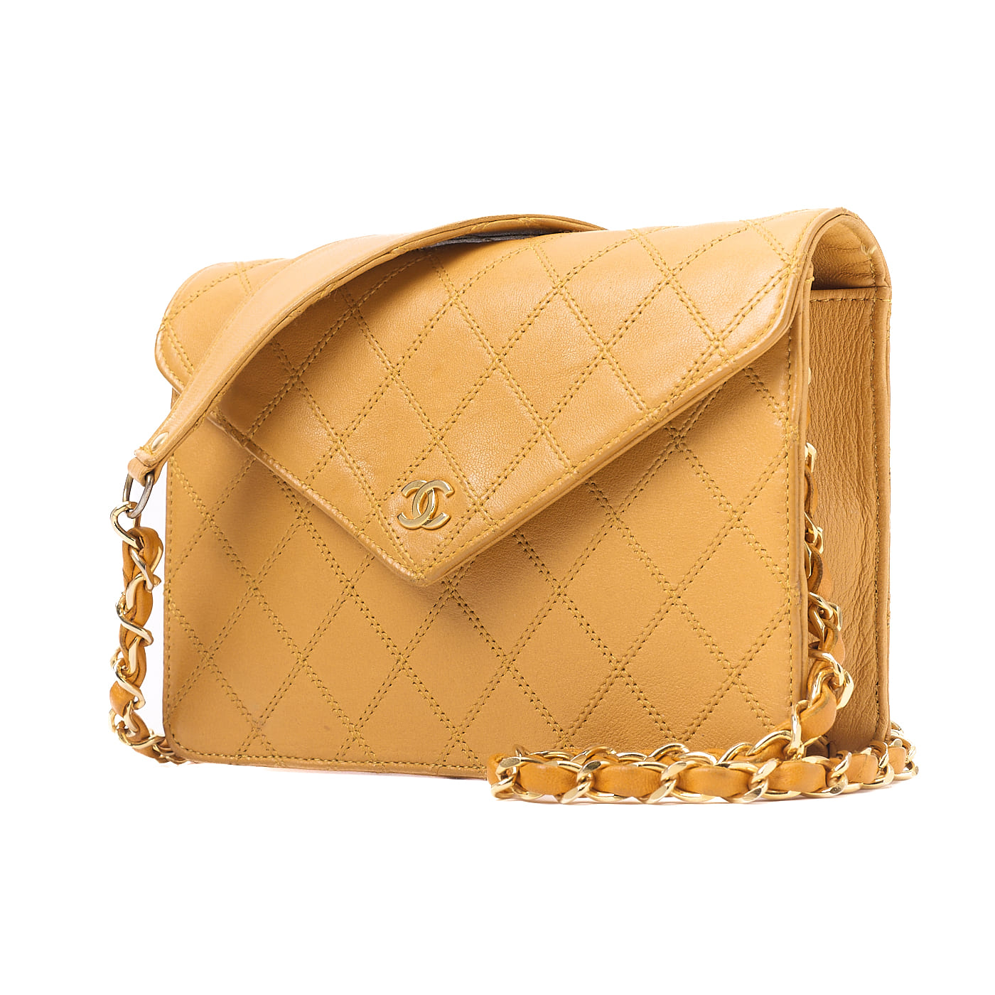 CHANEL Shoulder Bag, V-Flap Push Lock, Chain Shoulder, Lambskin, Yellow, Gold-Tone Hardware, Pre-Owned - Vintage La Charme