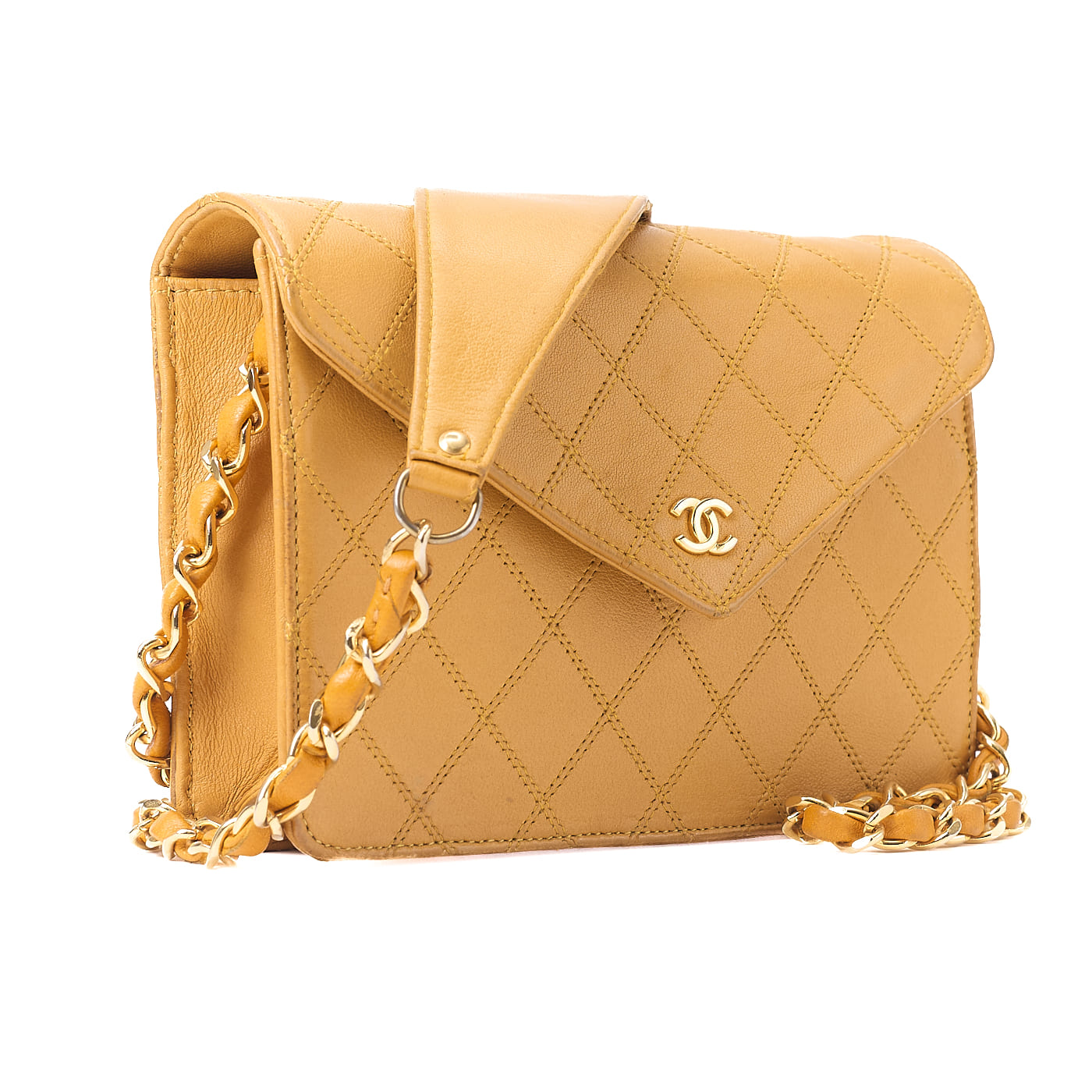 CHANEL Shoulder Bag, V-Flap Push Lock, Chain Shoulder, Lambskin, Yellow, Gold-Tone Hardware, Pre-Owned - Vintage La Charme