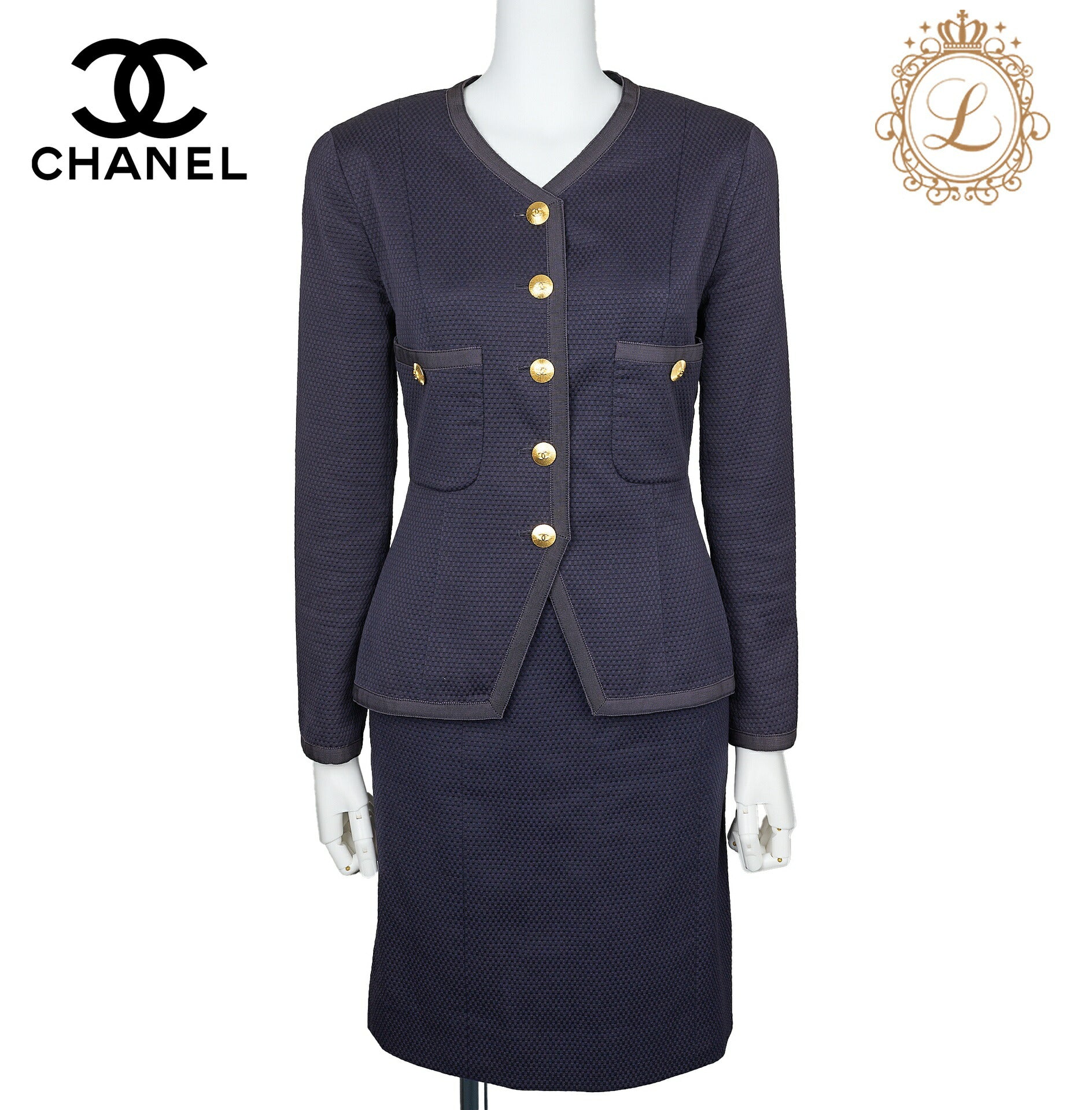 CHANEL Jacket Skirt Set, Coco Button, Cotton, Navy, Gold-Tone Hardware, Pre-Owned - Vintage La Charme