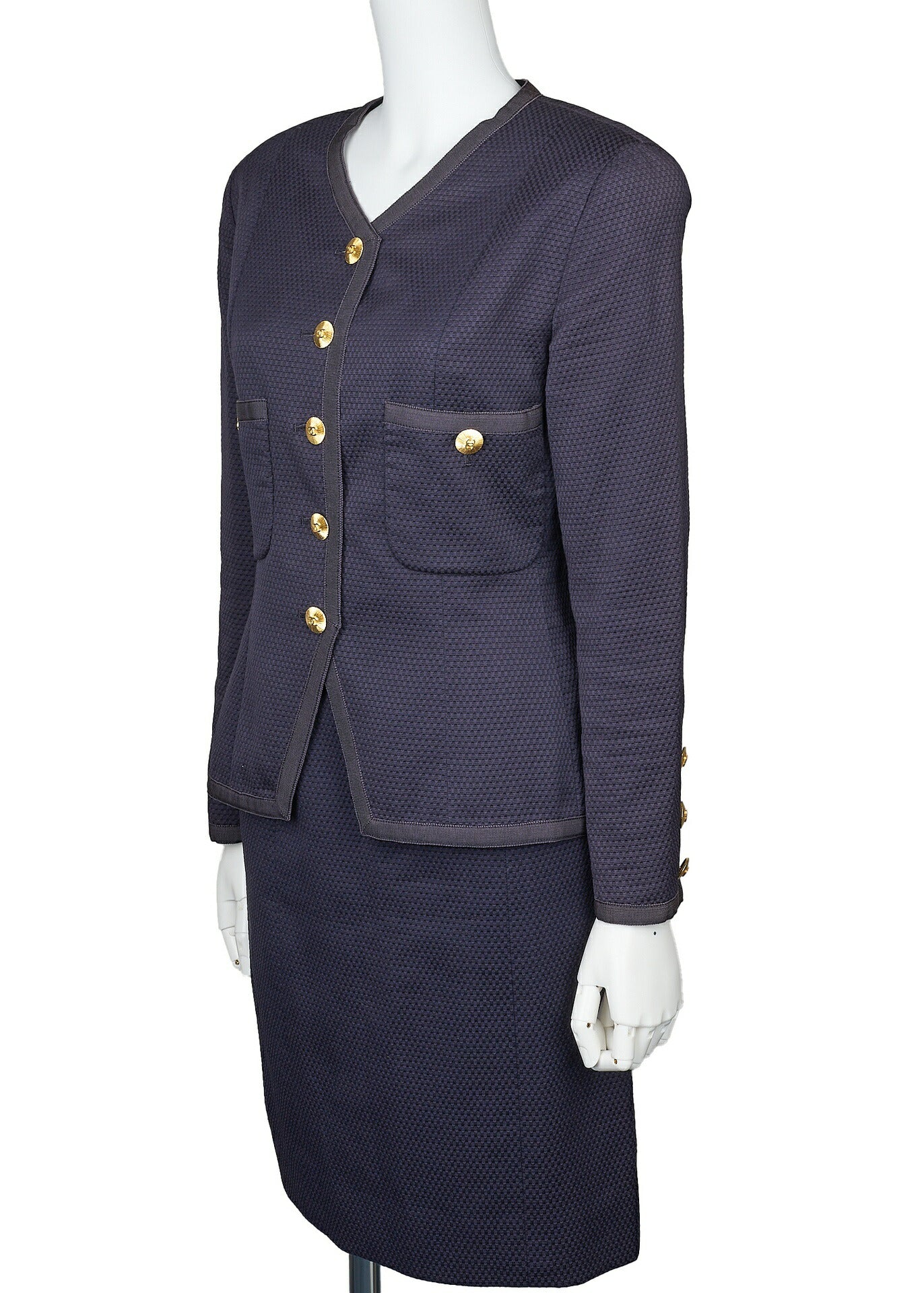 CHANEL Jacket Skirt Set, Coco Button, Cotton, Navy, Gold-Tone Hardware, Pre-Owned - Vintage La Charme