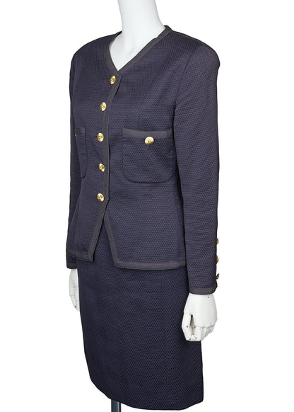 CHANEL Jacket Skirt Set, Coco Button, Cotton, Navy, Gold-Tone Hardware, Pre-Owned - Vintage La Charme
