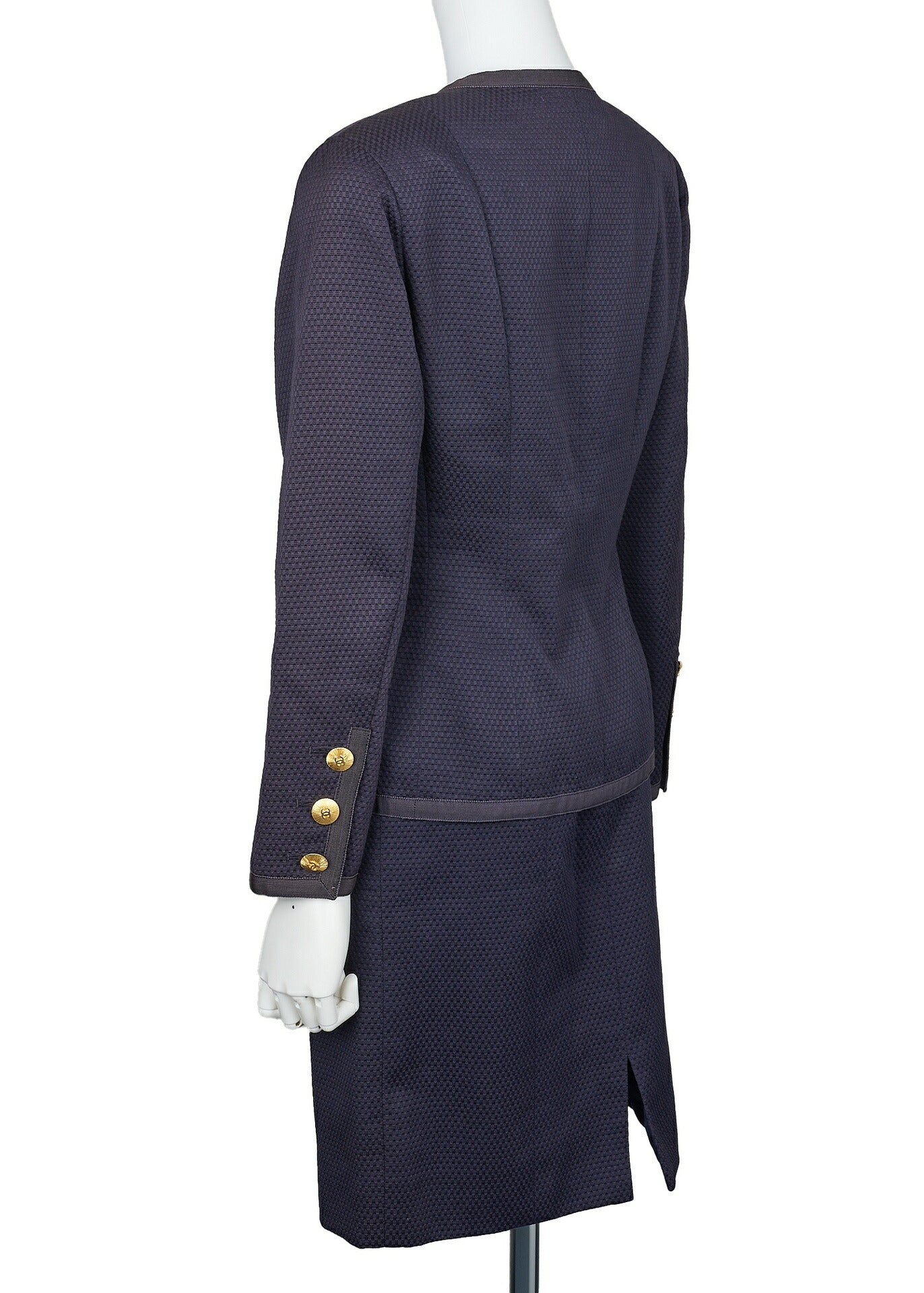 CHANEL Jacket Skirt Set, Coco Button, Cotton, Navy, Gold-Tone Hardware, Pre-Owned - Vintage La Charme
