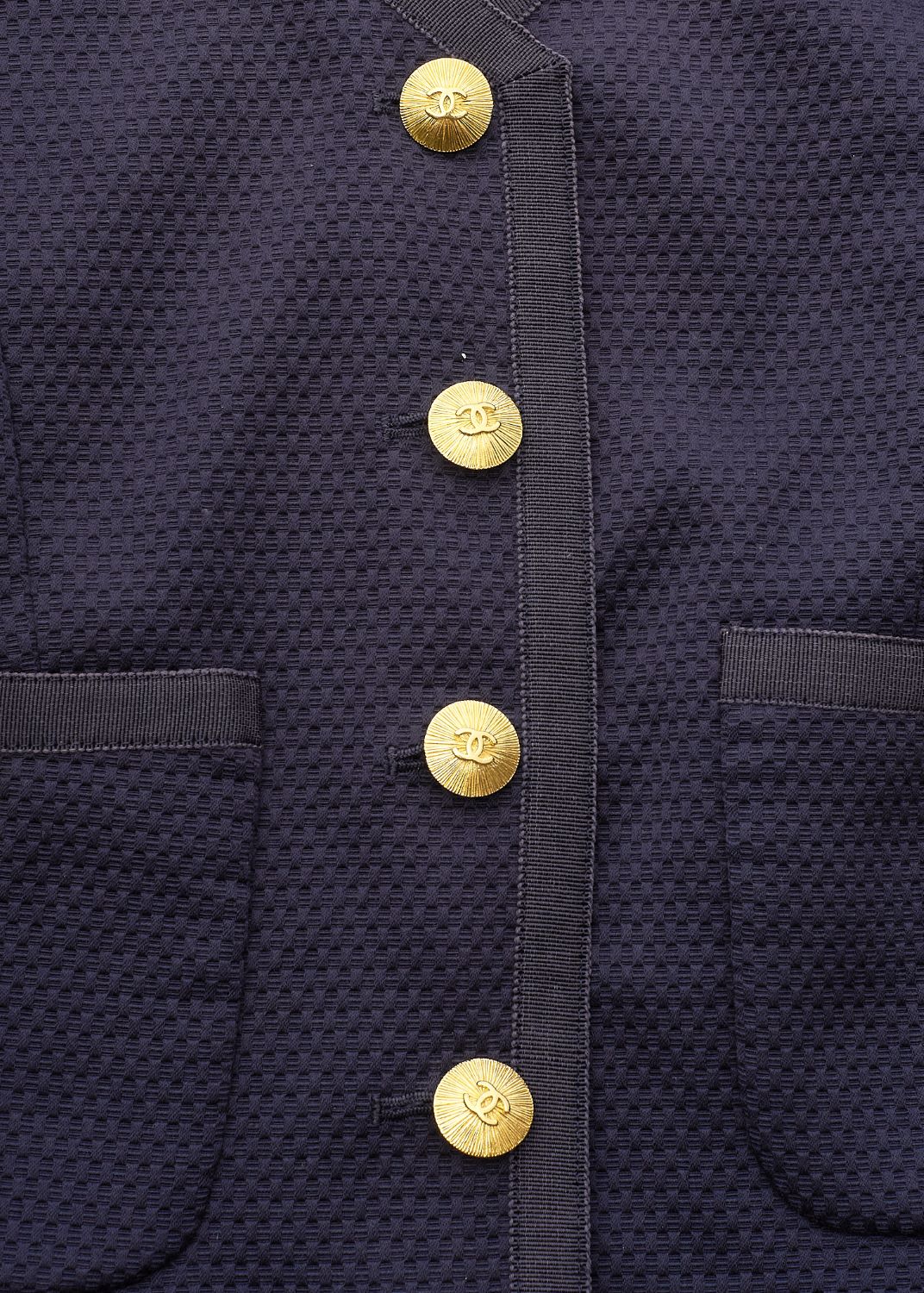 CHANEL Jacket Skirt Set, Coco Button, Cotton, Navy, Gold-Tone Hardware, Pre-Owned - Vintage La Charme