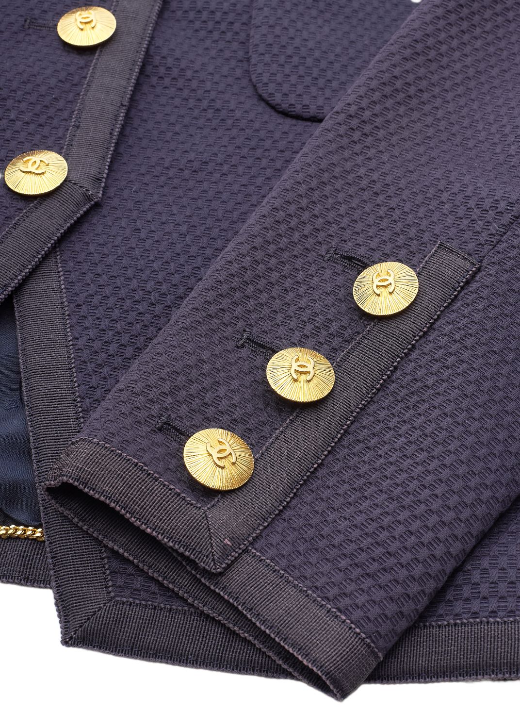 CHANEL Jacket Skirt Set, Coco Button, Cotton, Navy, Gold-Tone Hardware, Pre-Owned - Vintage La Charme