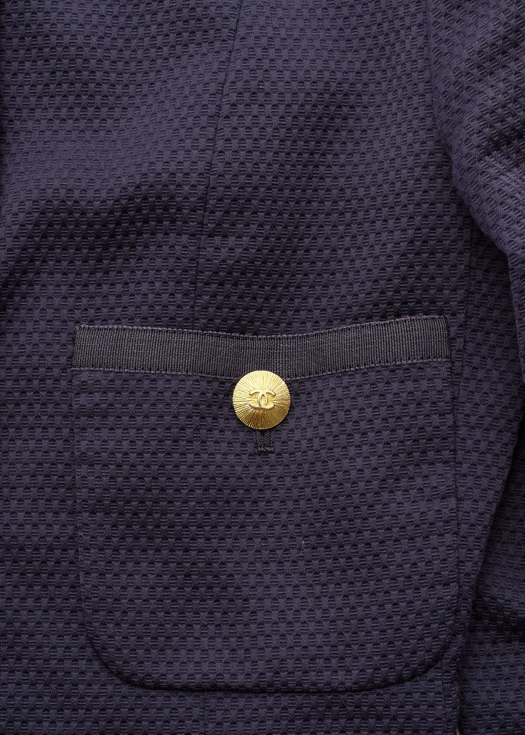 CHANEL Jacket Skirt Set, Coco Button, Cotton, Navy, Gold-Tone Hardware, Pre-Owned - Vintage La Charme