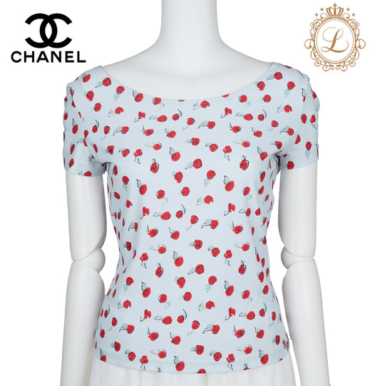 CHANEL T-Shirt, Short Sleeve, Cut-and-Sew, Cotton, Light Blue, Silver-Tone Hardware, Pre-Owned - Vintage La Charme