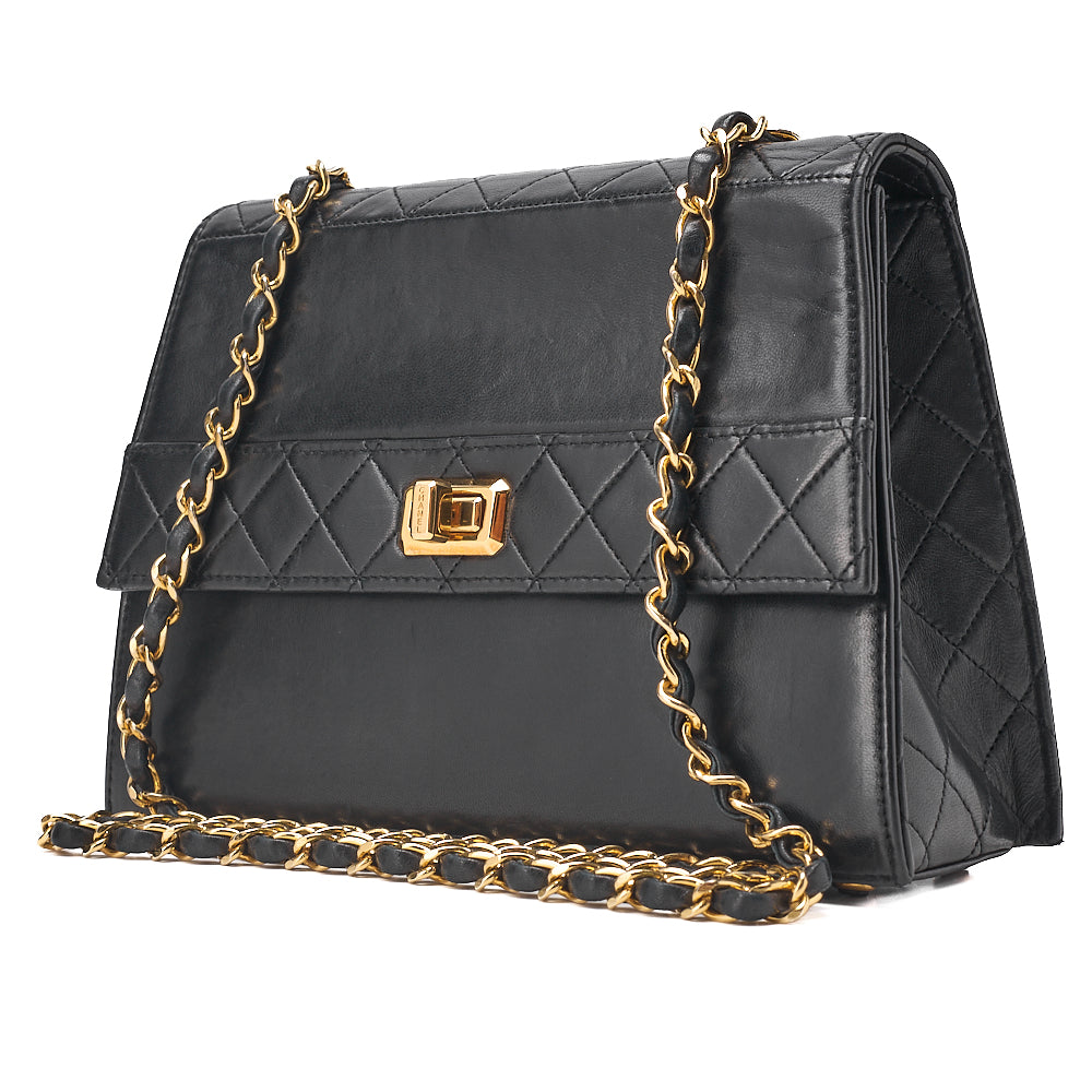 CHANEL Lambskin Matelasse Trapezoid 2.55 Chain Shoulder Black Gold-Tone Hardware, Pre-Owned