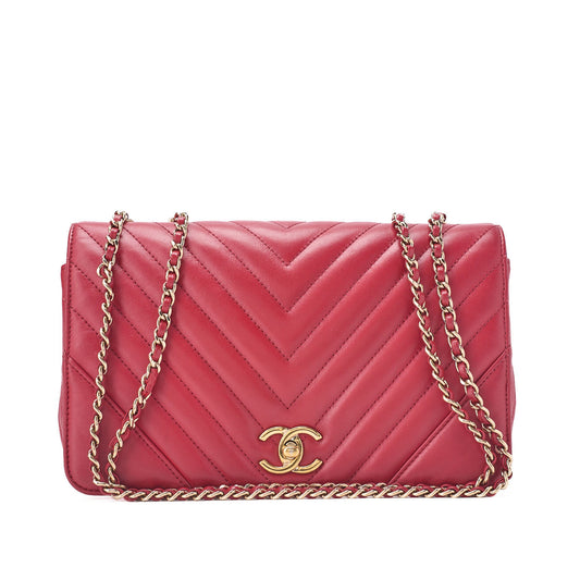 CHANEL Shoulder Bag Calfskin V-Stitch Red Cocomark Single Flap Gold-Tone Hardware, Pre-Owned