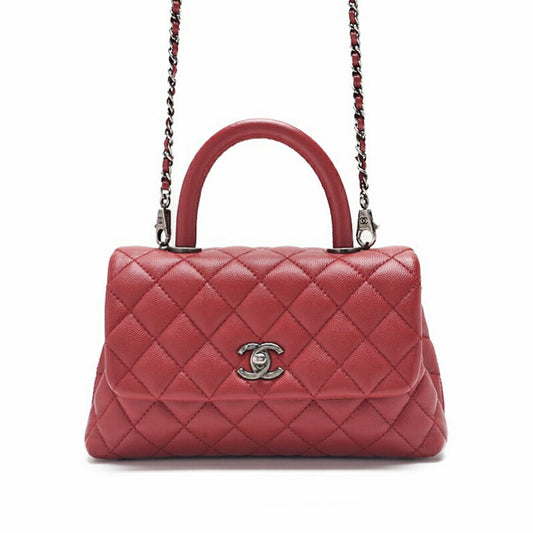 CHANEL Handbag Matelasse Coco Handle 2WAY Caviar Skin Red Silver-Tone Hardware Pre-Owned - Vintage La Charme
