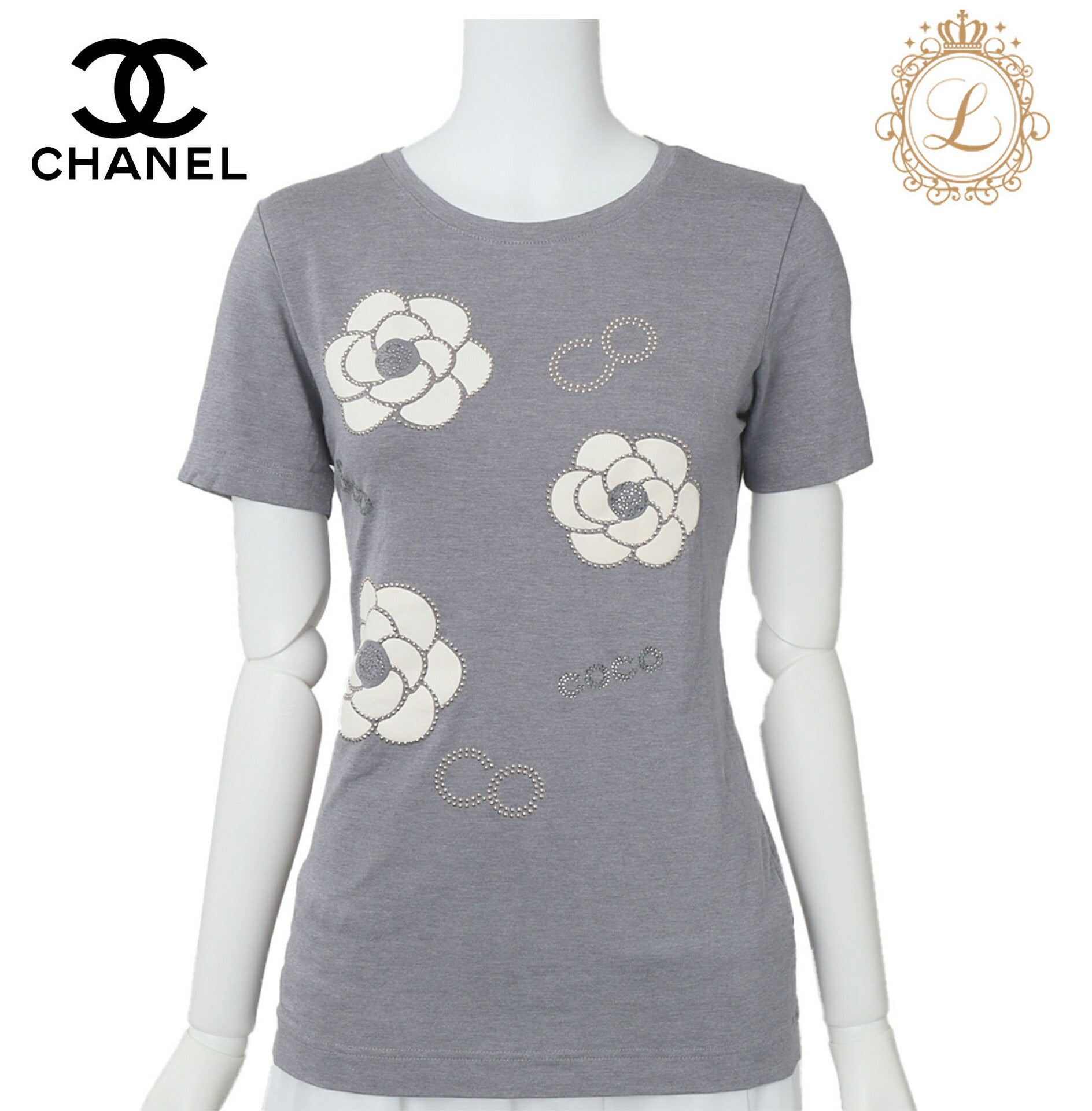CHANEL T-Shirt Short Sleeve Cut-and-Sew Gray Gold-Tone Hardware Pre-Owned - Vintage La Charme