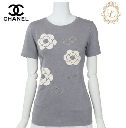 CHANEL T-Shirt Short Sleeve Cut-and-Sew Gray Gold-Tone Hardware Pre-Owned - Vintage La Charme