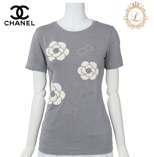 CHANEL T-Shirt Short Sleeve Cut-and-Sew Gray Gold-Tone Hardware Pre-Owned - Vintage La Charme