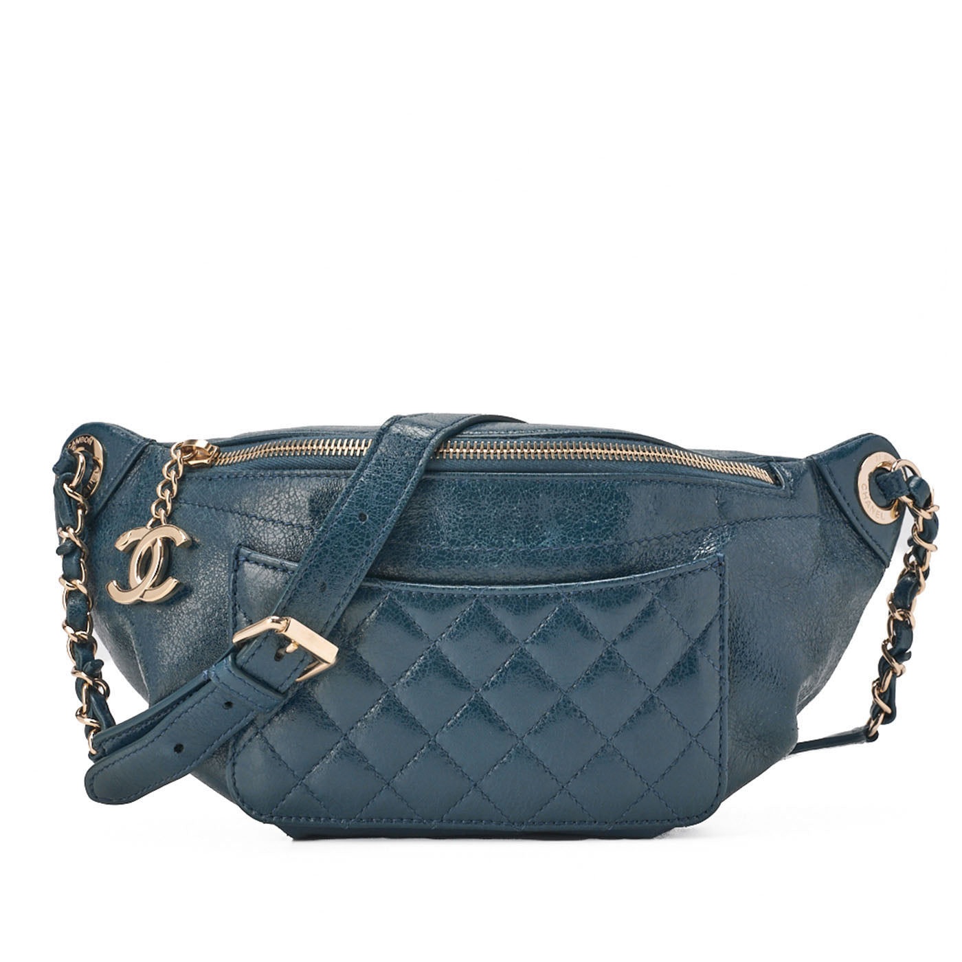 CHANEL Waist Bag Matelassé with Coco Charm Lambskin Blue Gold-Tone Hardware, Pre-Owned