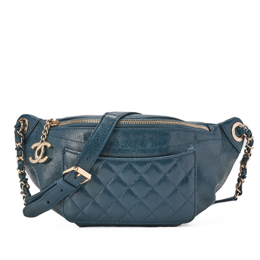 CHANEL Waist Bag Matelassé with Coco Charm Lambskin Blue Gold-Tone Hardware, Pre-Owned