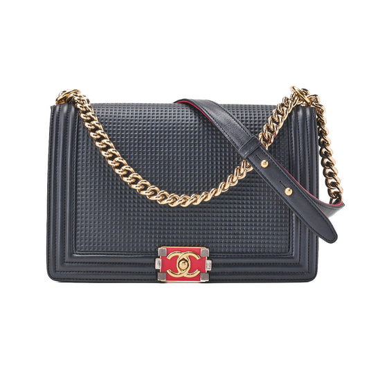 CHANEL Boy Chanel Perforated Design Chain Shoulder Lambskin Navy x Red Large Size Gold-Tone Hardware, Pre-Owned
