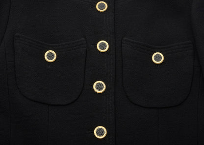 CHANEL Jacket Skirt Set Up, No Collar, Wool Blend, Black, Silver-Tone Hardware, Pre-Owned - Vintage La Charme