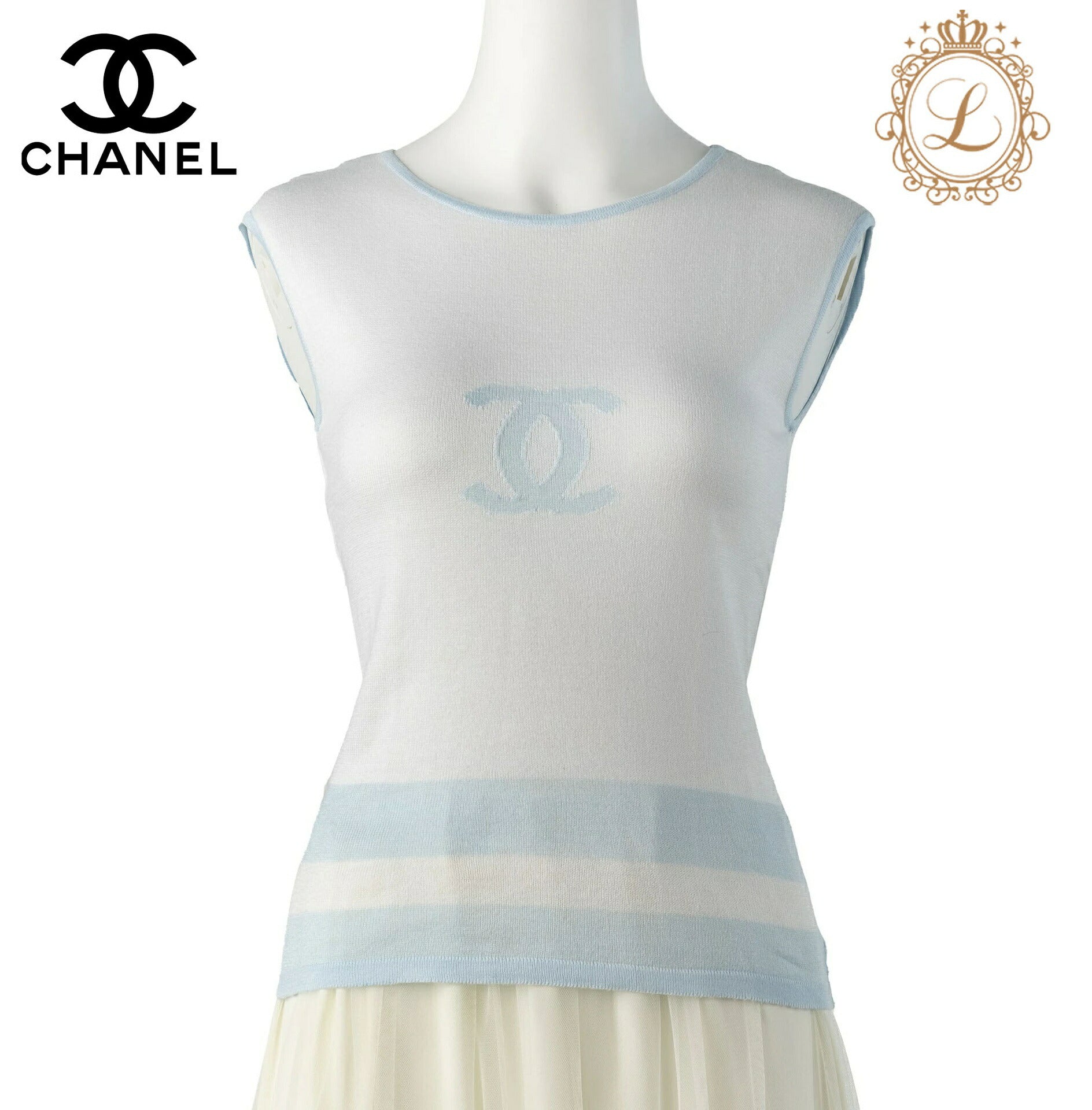 CHANEL Sleeveless T-Shirt, Cut-and-Sew, Cotton, White, Silver-Tone Hardware, Pre-Owned - Vintage La Charme