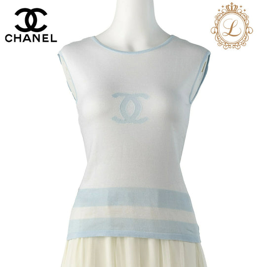 CHANEL Sleeveless T-Shirt, Cut-and-Sew, Cotton, White, Silver-Tone Hardware, Pre-Owned - Vintage La Charme