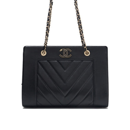 CHANEL Shoulder Bag, V-Stitch Deca Coco, Double Chain, Lambskin, Black, Gold-Tone Hardware, Pre-Owned - Vintage La Charme