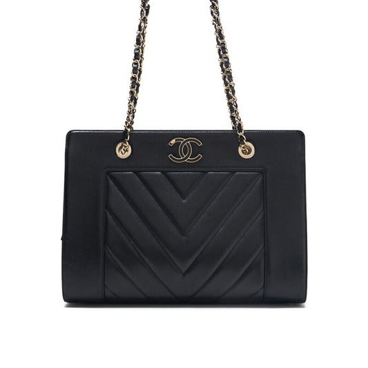 CHANEL Shoulder Bag, V-Stitch Deca Coco, Double Chain, Lambskin, Black, Gold-Tone Hardware, Pre-Owned - Vintage La Charme