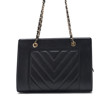 CHANEL Shoulder Bag, V-Stitch Deca Coco, Double Chain, Lambskin, Black, Gold-Tone Hardware, Pre-Owned - Vintage La Charme