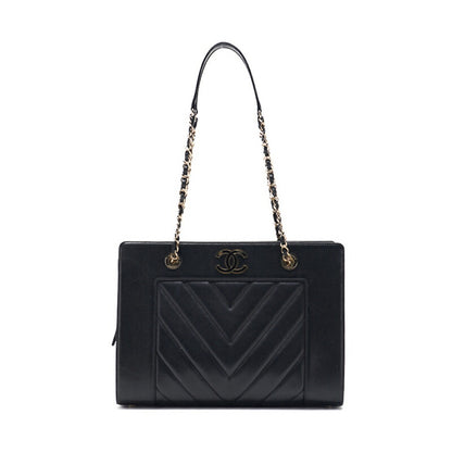 CHANEL Shoulder Bag, V-Stitch Deca Coco, Double Chain, Lambskin, Black, Gold-Tone Hardware, Pre-Owned - Vintage La Charme