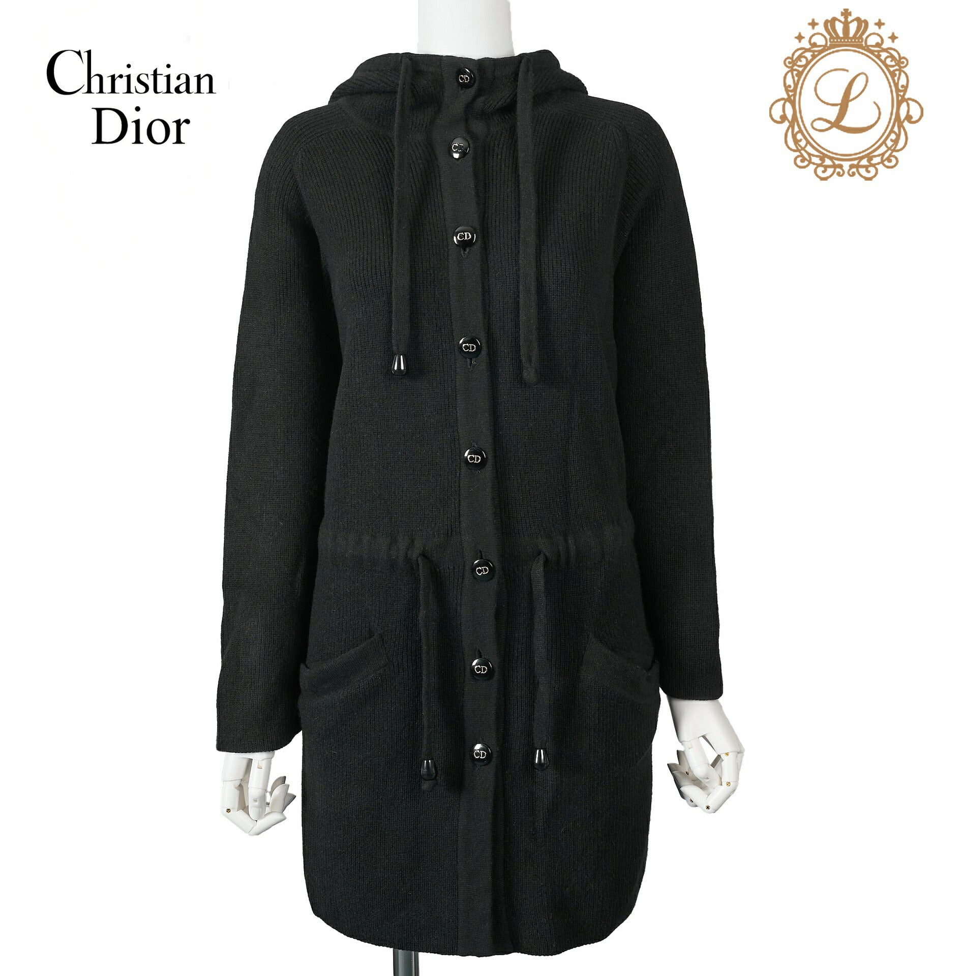 Dior Hooded Cardigan, Gilogo Button, Knit, Wool, Black, Silver-Tone Hardware, Pre-Owned - Vintage La Charme
