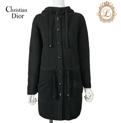 Dior Hooded Cardigan, Gilogo Button, Knit, Wool, Black, Silver-Tone Hardware, Pre-Owned - Vintage La Charme