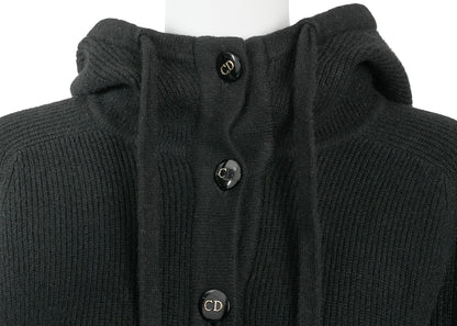 Dior Hooded Cardigan, Gilogo Button, Knit, Wool, Black, Silver-Tone Hardware, Pre-Owned - Vintage La Charme