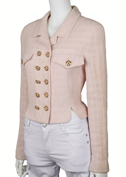 CHANEL Jacket, Coco Button, Tweed, Cotton, Pink, Gold-Tone Hardware, Pre-Owned - Vintage La Charme